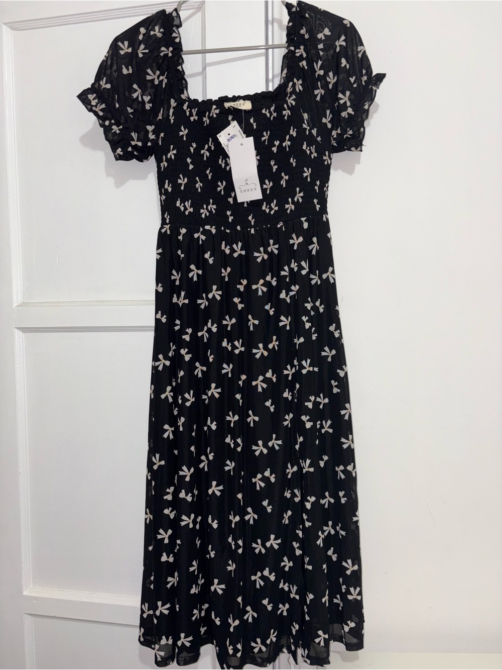 Smocked Black Maxi Dress with White Floral Print